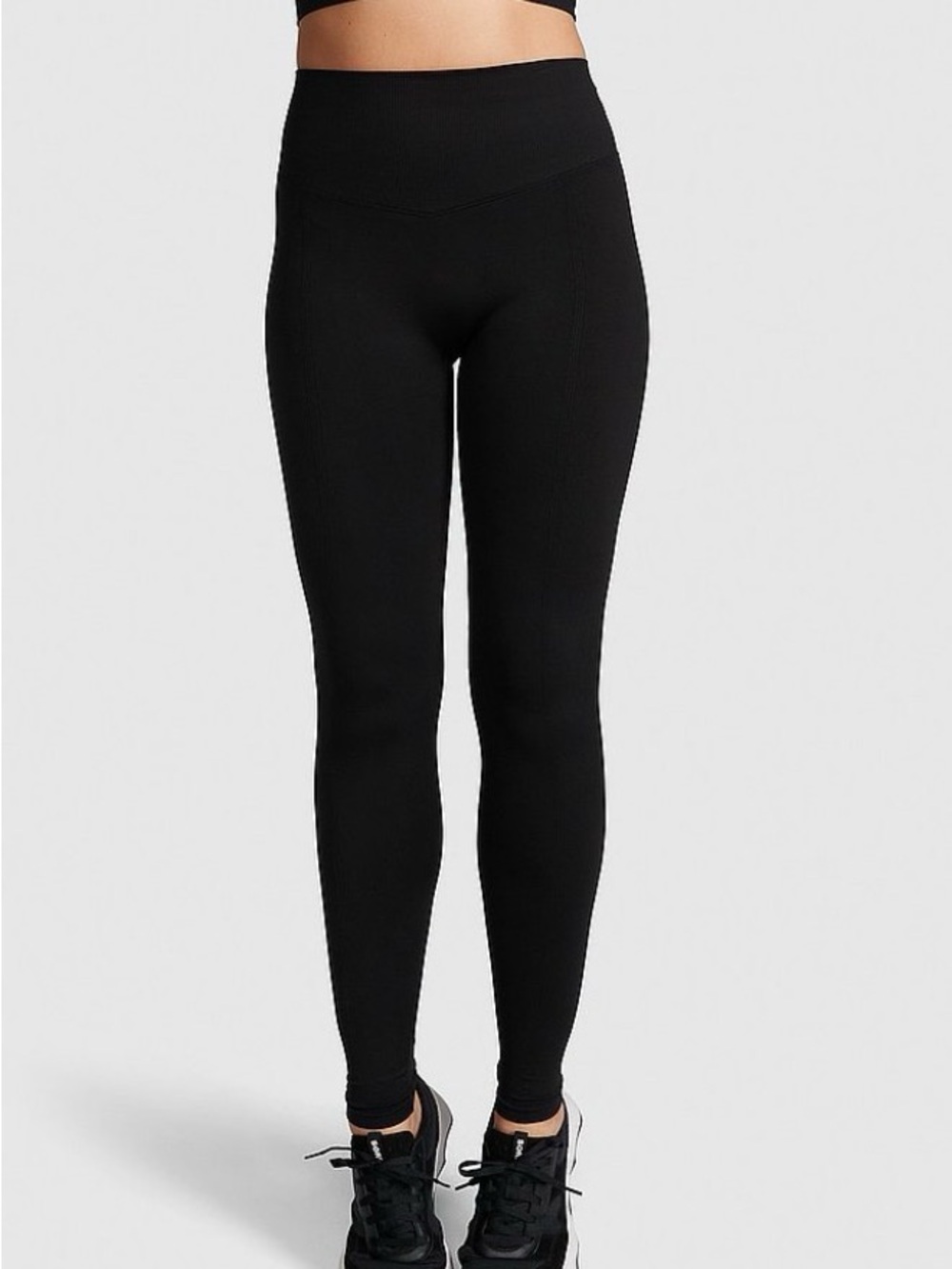 NWT PINK Victoria's Secret Black Ribbed Leggings with White Logo